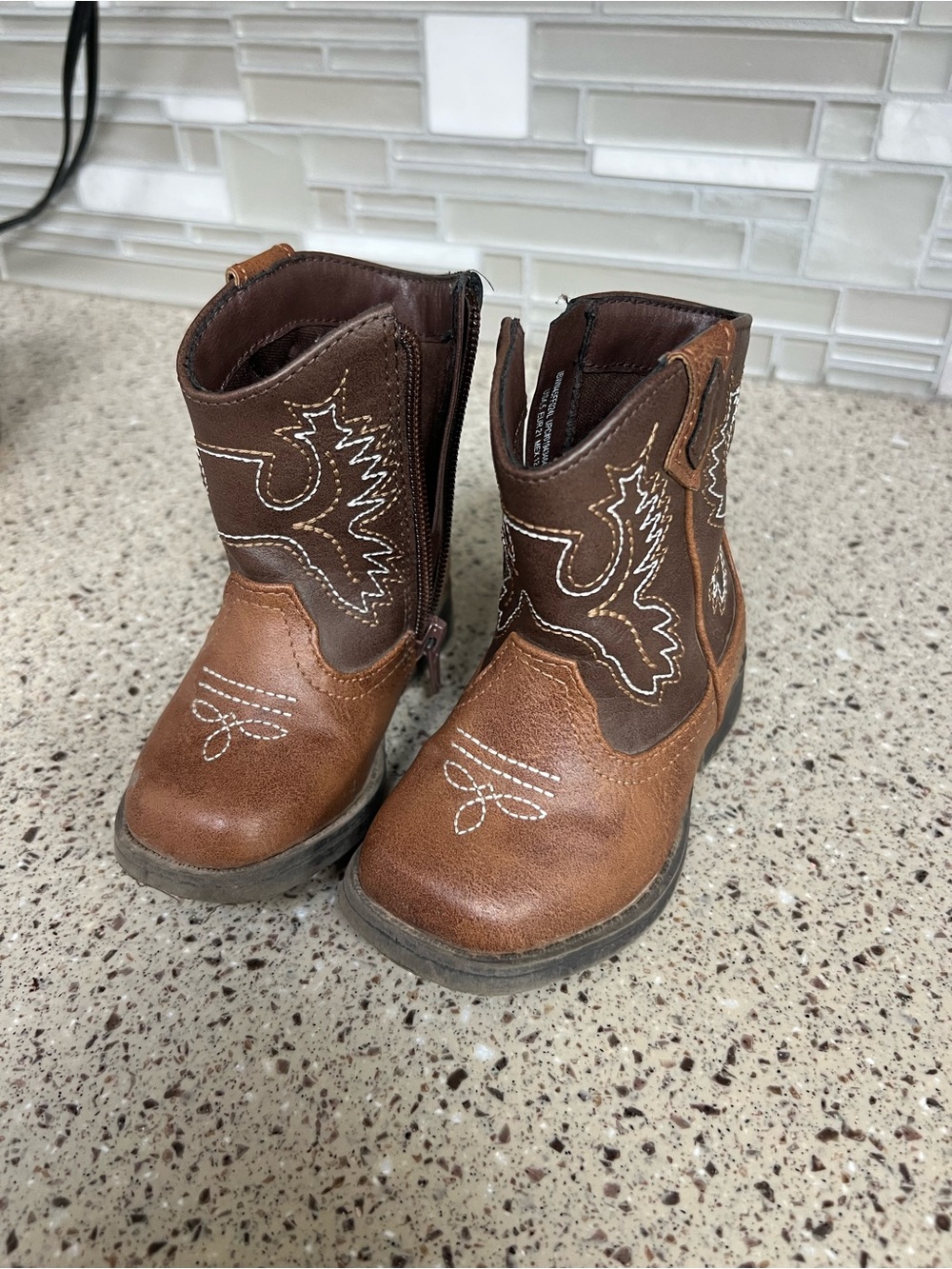 Kids Brown Cowboy Boot with Decorative Stitching - Picture 2 of 5